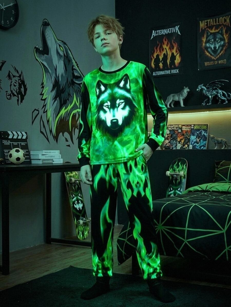 SHEIN 青少年男孩霓虹動物印花圓領長袖上衣與長褲休閒舒適修身居家睡衣套裝 2件組 - 彩色 - 查看 1