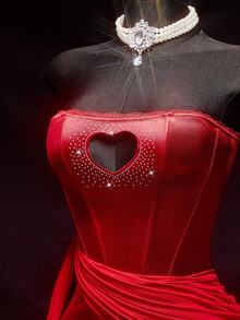 SHEIN ICON Women's Elegant Heart Rhinestone Embellished Satin Formal Red Summer 70s Party Sparkly Wedding Birthday Vacation Valentine's Day Date Night Dress - Red - View 4