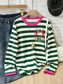 Lalippa Women Green White Striped Contrast Pink Collar Long Sleeve Tee, Front Back Magic Tiger Evil Eye Graphic Loose Casual Retro Streetwear Basic Top - Multicolor - View 5