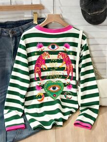 Lalippa Women Green White Striped Contrast Pink Collar Long Sleeve Tee, Front Back Magic Tiger Evil Eye Graphic Loose Casual Retro Streetwear Basic Top - Multicolor - View 8