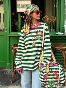 Lalippa Women Green White Striped Contrast Pink Collar Long Sleeve Tee, Front Back Magic Tiger Evil Eye Graphic Loose Casual Retro Streetwear Basic Top - Multicolor - View 3