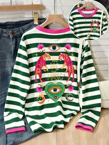 Lalippa Women Green White Striped Contrast Pink Collar Long Sleeve Tee, Front Back Magic Tiger Evil Eye Graphic Loose Casual Retro Streetwear Basic Top - Multicolor - View 4