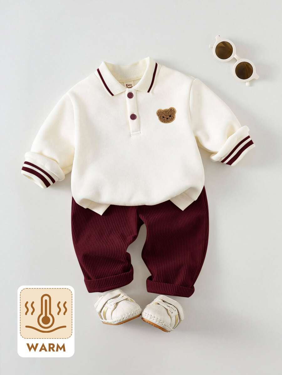 Cozy Pixies 2pcs Baby Boy Cartoon Bear Pattern Knit Soft Crew Neck Long Sleeve Pullover Sweatshirt And Elastic Waist Winter Pants Set - Burgundy - View 1