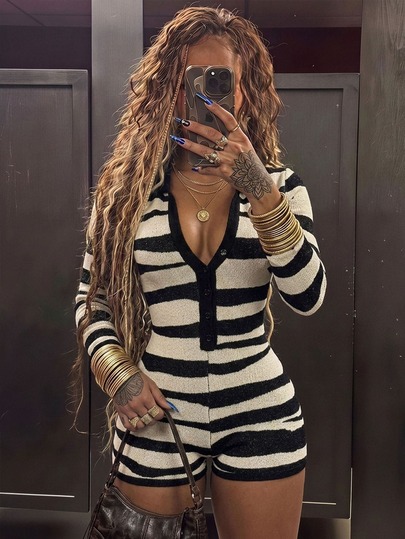 Amplova Women's Zebra Print Long Sleeve Fitted Jumpsuit, Casual Sexy Y2K Style, Suitable For Autumn/Winter Wear, Avant-Garde Sexy