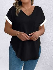 Elenzga Plus Size Summer Casual Colorblock Short Sleeve T-Shirt - Black and White - View 4