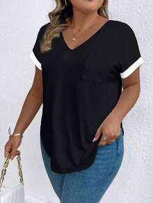 Elenzga Plus Size Summer Casual Colorblock Short Sleeve T-Shirt - Black and White - View 6