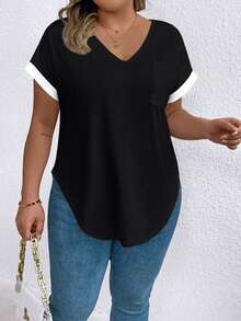 Elenzga Plus Size Summer Casual Colorblock Short Sleeve T-Shirt - Black and White - View 3