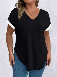 Elenzga Plus Size Summer Casual Colorblock Short Sleeve T-Shirt - Black and White - View 5