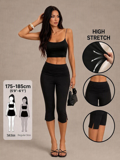 SHEIN Tall Women's Tall Black Ruched Cropped Leggings – Athletic, Casual, And Work-Ready