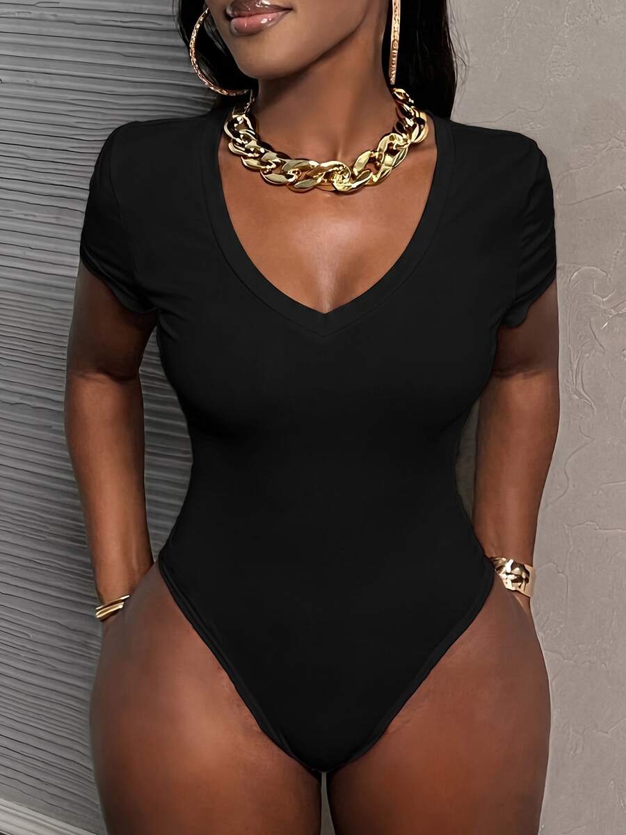 SHEIN PETITE CURVE 加大码纯色短袖紧身连体衣,夏季时尚 - 黑色 - 查看 1