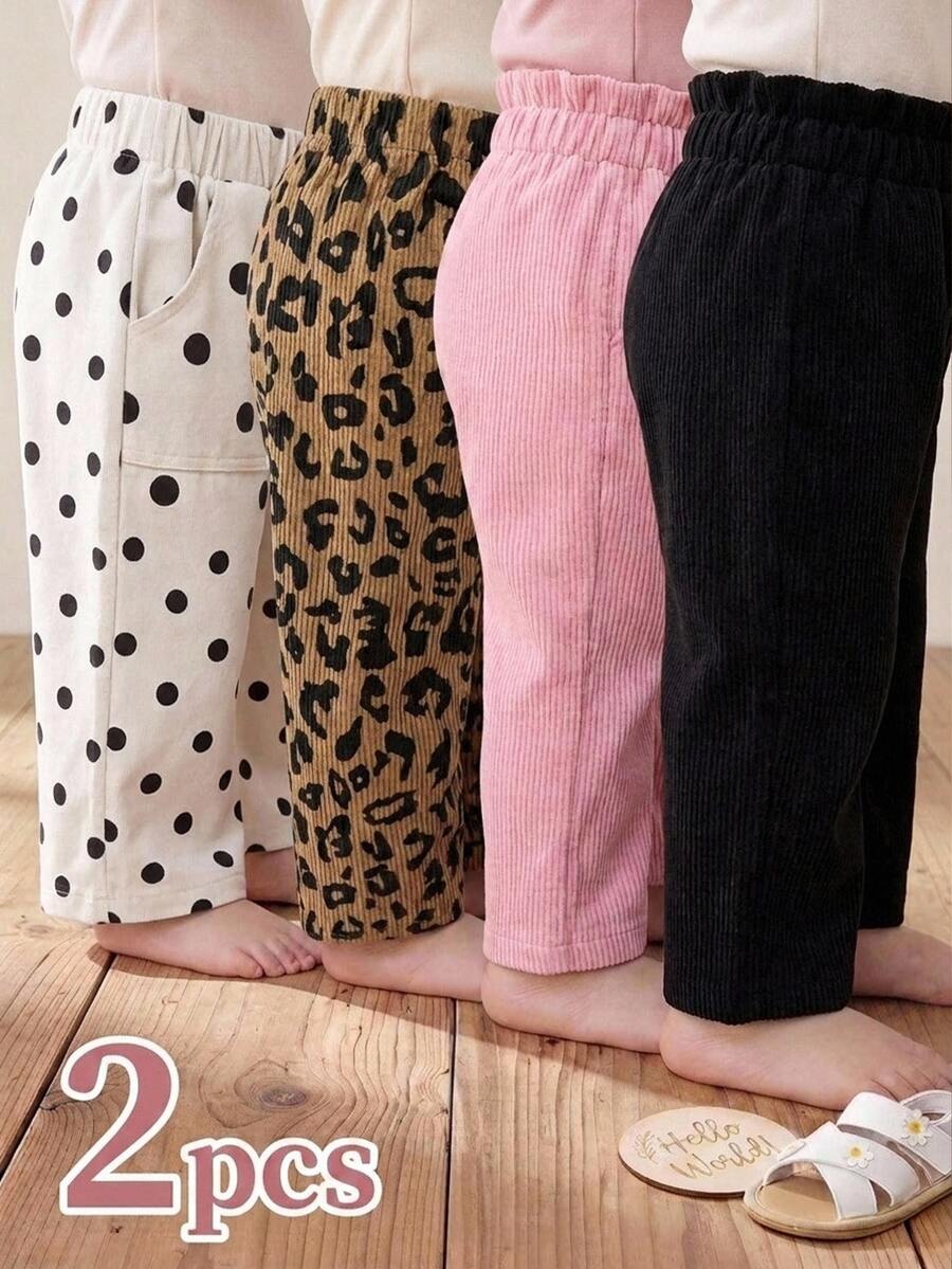 SHEIN 2pcs Baby Girl Autumn/Winter Cute Versatile Solid Color Corduroy Elastic Waist Loose Long Pants ,Fall Clothes - Multicolor - View 1