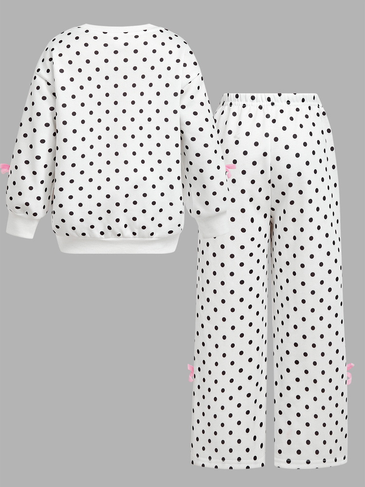Young Girls Young Girl Kids Black & White Polka Dot Autumn Sweatshirt Set With Pink Woven Bow, 2-Piece Set, Comfortable Soft Casual Everyday Versatile - White - View 8
