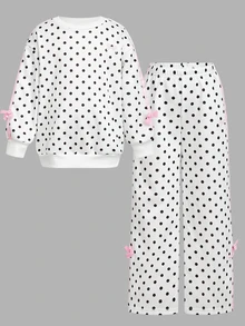 女童黑白波點運動衫套裝，附粉色編織緞帶蝴蝶結，2件套，舒適柔軟休閒日常百搭 - 白色 - 查看 6