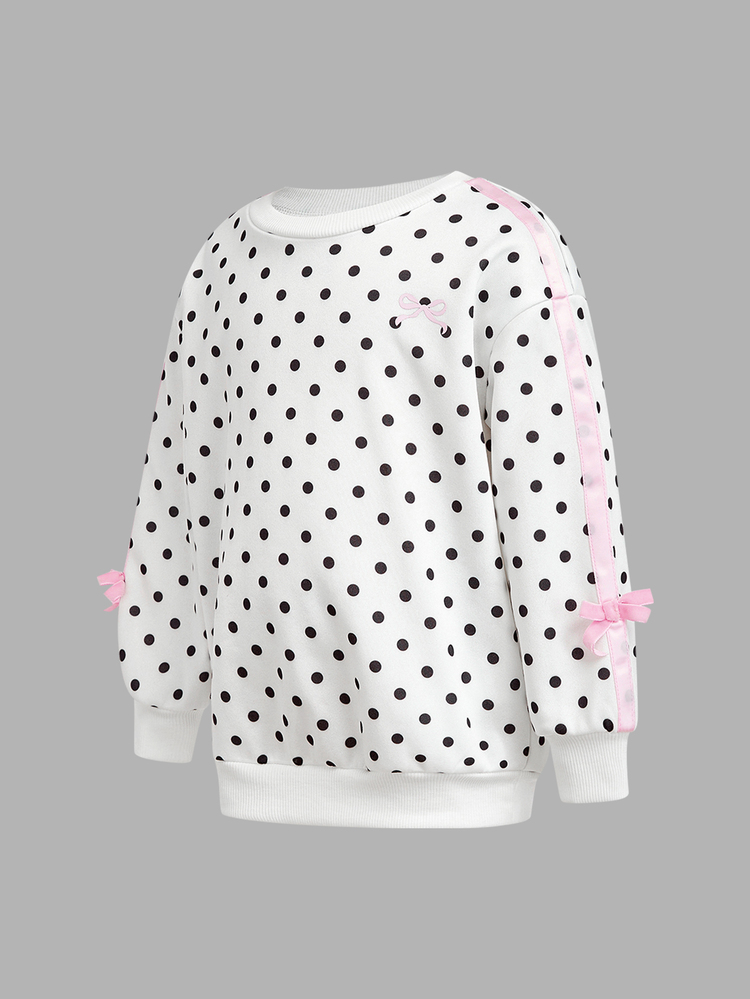 Young Girls Young Girl Kids Black & White Polka Dot Autumn Sweatshirt Set With Pink Woven Bow, 2-Piece Set, Comfortable Soft Casual Everyday Versatile - White - View 5