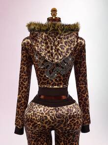 Amplova Women's Leopard Print Sweatshirt Top With Fur Patchwork, Fur Collar And Rhinestone Details, Avant-Garde Sexy Autumn/Winter - Coffee Brown - View 13