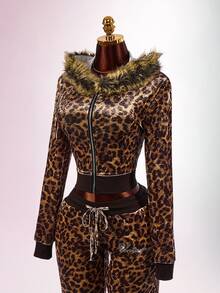 Amplova Women's Leopard Print Sweatshirt Top With Fur Patchwork, Fur Collar And Rhinestone Details, Avant-Garde Sexy Autumn/Winter - Coffee Brown - View 8