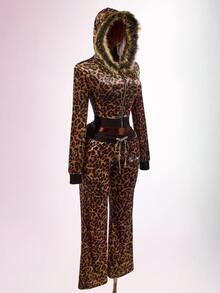 Amplova Women's Leopard Print Sweatshirt Top With Fur Patchwork, Fur Collar And Rhinestone Details, Avant-Garde Sexy Autumn/Winter - Coffee Brown - View 9