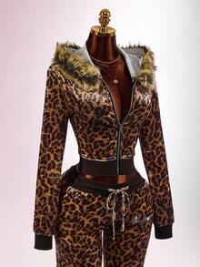 Amplova Women's Leopard Print Sweatshirt Top With Fur Patchwork, Fur Collar And Rhinestone Details, Avant-Garde Sexy Autumn/Winter - Coffee Brown - View 4