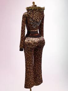 Amplova Women's Leopard Print Sweatshirt Top With Fur Patchwork, Fur Collar And Rhinestone Details, Avant-Garde Sexy Autumn/Winter - Coffee Brown - View 14