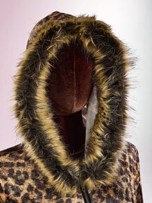 Amplova Women's Leopard Print Sweatshirt Top With Fur Patchwork, Fur Collar And Rhinestone Details, Avant-Garde Sexy Autumn/Winter - Coffee Brown - View 10