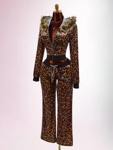 Amplova Women's Leopard Print Sweatshirt Top With Fur Patchwork, Fur Collar And Rhinestone Details, Avant-Garde Sexy Autumn/Winter - Coffee Brown - View 3