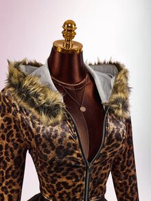 Amplova Women's Leopard Print Sweatshirt Top With Fur Patchwork, Fur Collar And Rhinestone Details, Avant-Garde Sexy Autumn/Winter - Coffee Brown - View 5