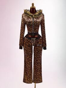 Amplova Women's Leopard Print Sweatshirt Top With Fur Patchwork, Fur Collar And Rhinestone Details, Avant-Garde Sexy Autumn/Winter - Coffee Brown - View 7