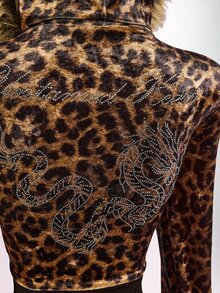 Amplova Women's Leopard Print Sweatshirt Top With Fur Patchwork, Fur Collar And Rhinestone Details, Avant-Garde Sexy Autumn/Winter - Coffee Brown - View 11