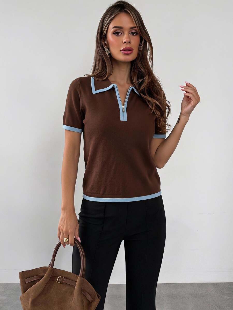 Firerie Women's Colorblock Casual Versatile Daily Wear Knit Short Sleeve Top - Brown - View 1
