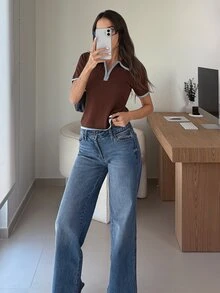 Firerie Women's Colorblock Casual Versatile Daily Wear Knit Short Sleeve Top - Brown - View 5