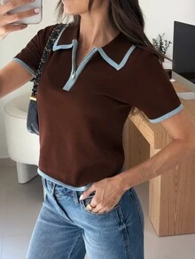 Firerie Women's Colorblock Casual Versatile Daily Wear Knit Short Sleeve Top - Brown - View 6