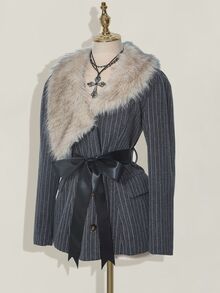 SHEIN ICON Asymmetric Fur Collar Patchwork Striped Fabric Belted Women Jacket Fur Collar Coat Pinstripe Coat Plush And Thickened In Fall/Winter - Dark Grey - View 3