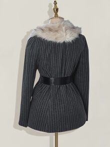 SHEIN ICON Asymmetric Fur Collar Patchwork Striped Fabric Belted Women Jacket Fur Collar Coat Pinstripe Coat Plush And Thickened In Fall/Winter - Dark Grey - View 7
