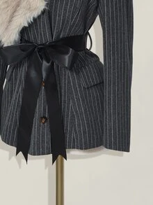 SHEIN ICON Asymmetric Fur Collar Patchwork Striped Fabric Belted Women Jacket Fur Collar Coat Pinstripe Coat Plush And Thickened In Fall/Winter - Dark Grey - View 5