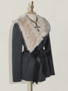 SHEIN ICON Asymmetric Fur Collar Patchwork Striped Fabric Belted Women Jacket Fur Collar Coat Pinstripe Coat Plush And Thickened In Fall/Winter - Dark Grey - View 6
