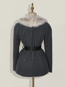 SHEIN ICON Asymmetric Fur Collar Patchwork Striped Fabric Belted Women Jacket Fur Collar Coat Pinstripe Coat Plush And Thickened In Fall/Winter - Dark Grey - View 2