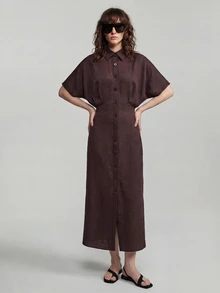 Ontre 女款深棕色夏季隨性時尚度假中長洋裝，修身翻領襯衫，落肩設計，3/4 蝙蝠袖，H 型現代都市通勤穿搭 - 棕色 - 查看 5