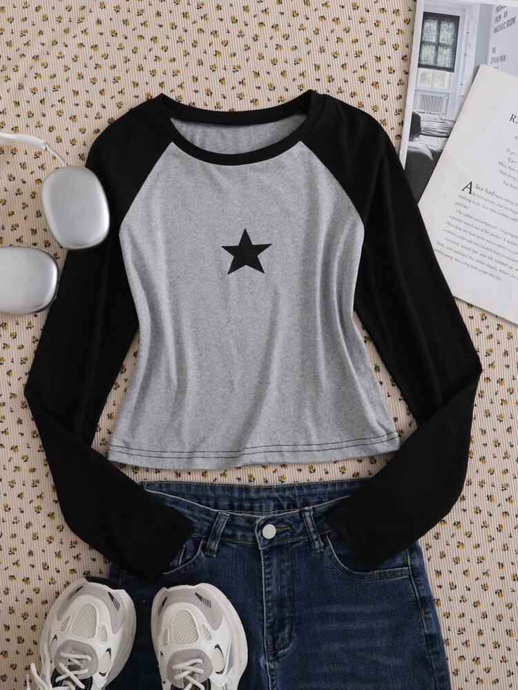 1pc Teen Girls Fashion Casual Streetwear School Girl Elegant Cute Street Style Five-Point Star Print Long Sleeve T-Shirt Autumn Black - Multicolor - View 7