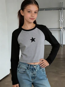 1件青少年女孩時尚休閒街頭風校園風優雅可愛街頭風五角星印花長袖T恤，秋季黑色上衣 - 彩色 - 查看 3