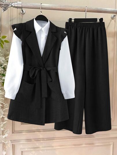 GlowEve CURVE Women's Plus Size Elegant Black Blazer Lapel Sleeveless Cap Sleeve Vest Loose Top With Patch Pockets, Paired With Belt And Elastic Waist Loose Straight Leg Pants 2-Piece Set, Suitable For Women's Commute Wear, Office Wear, Business Formal, Fashion Spring/Summer Outfit