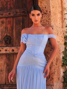 Glamrae Light Blue Tube Formal Gown With Ruched Corset Bodice, 3D Floral Detail, Subtle Sequins And Pleated Floor-Length Skirt For Wedding Guest, Prom - Baby Blue - View 14