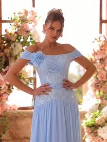 Glamrae Light Blue Tube Formal Gown With Ruched Corset Bodice, 3D Floral Detail, Subtle Sequins And Pleated Floor-Length Skirt For Wedding Guest, Prom - Baby Blue - View 4