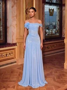 Glamrae Light Blue Tube Formal Gown With Ruched Corset Bodice, 3D Floral Detail, Subtle Sequins And Pleated Floor-Length Skirt For Wedding Guest, Prom - Baby Blue - View 3