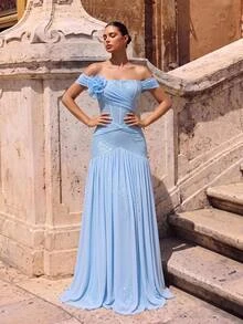 Glamrae Light Blue Tube Formal Gown With Ruched Corset Bodice, 3D Floral Detail, Subtle Sequins And Pleated Floor-Length Skirt For Wedding Guest, Prom - Baby Blue - View 2