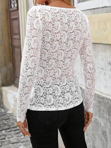 Balvessa Women's Simple Lace T-Shirt, Casual & Chic, Suitable For Commuting And Daily Wear Fall Cloth For Women - White - View 2