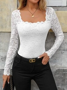 Balvessa Women's Simple Lace T-Shirt, Casual & Chic, Suitable For Commuting And Daily Wear Fall Cloth For Women - White - View 3