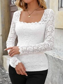 Balvessa Women's Simple Lace T-Shirt, Casual & Chic, Suitable For Commuting And Daily Wear Fall Cloth For Women - White - View 6