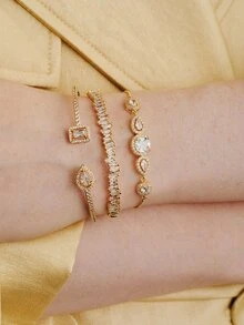 Opalesca 3pcs/Set Open Bangle Bracelets, Made Of 18K Gold Plated Copper With Zirconia, Beloved By Charming Girls - Gold - View 7