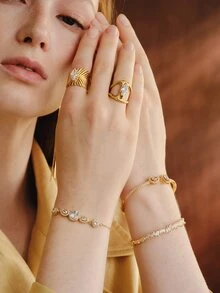 Opalesca 3pcs/Set Open Bangle Bracelets, Made Of 18K Gold Plated Copper With Zirconia, Beloved By Charming Girls - Gold - View 3