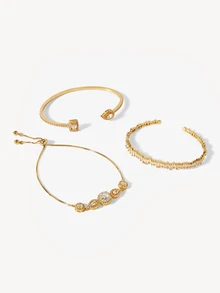 Opalesca 3pcs/Set Open Bangle Bracelets, Made Of 18K Gold Plated Copper With Zirconia, Beloved By Charming Girls - Gold - View 2